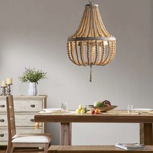 3-Lights Wood Bead Chandelier Boho Light Fixture, Antique Rustic Metal